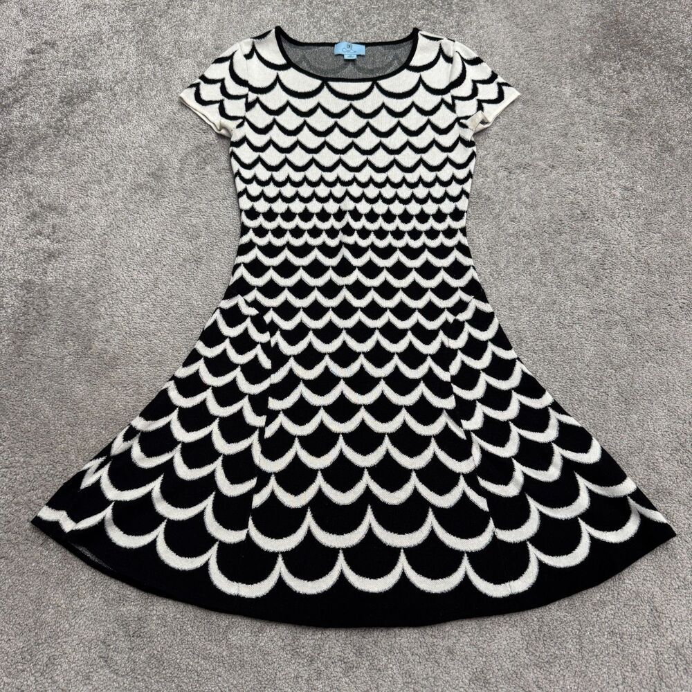 CeCe Scallop Knit Fit Flare Dress Womens XS Black White Metallic Short Sleeve